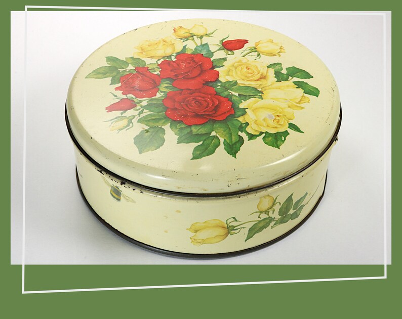 Vintage Tin Trinket Box Biscuit Box Yellow and Red Roses with Bee 1970s Sweet Floral Ira Denmark Cookie Tin