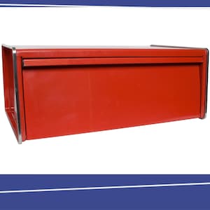 May include: A red rectangular bread bin with a stainless steel trim. The bin has a hinged lid and a simple design. The bread bin is made of metal and is likely for kitchen storage.