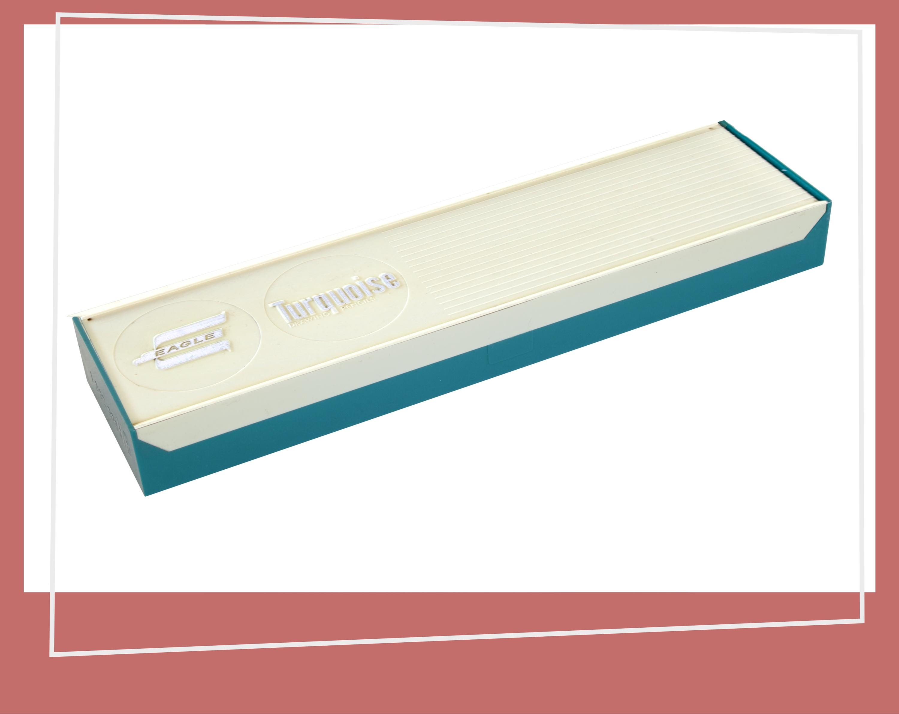 Eagle Turquoise Pencil Case | Pen Tray | Turquoise Aqua Blue & Butter Cream Beige | 1950s | Brush Case | Trinket Box | Vintage Plastic |