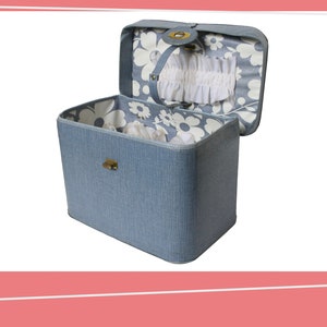 Può includere: Un beauty case vintage blu con una fodera a fantasia floreale. Il beauty case ha un coperchio incernierato e un piccolo gancio.