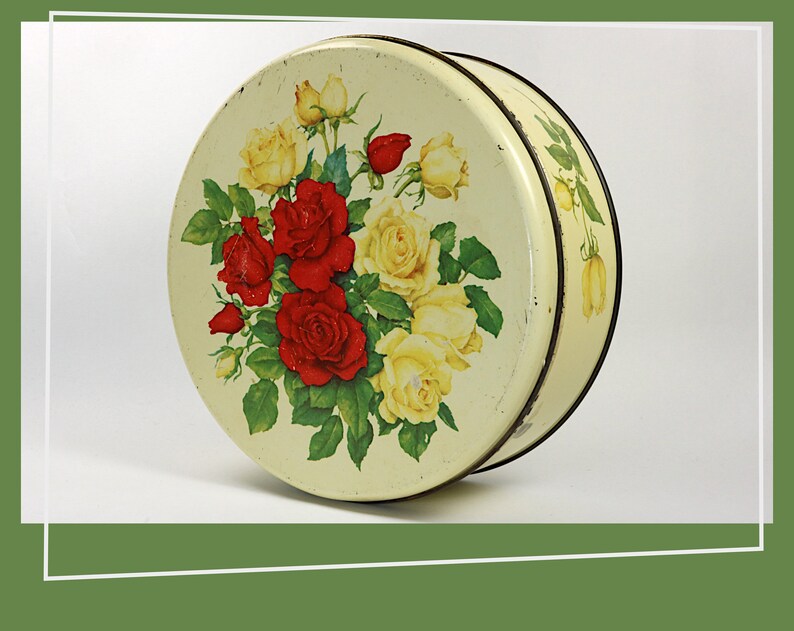 Vintage Tin Trinket Box Biscuit Box Yellow and Red Roses with Bee 1970s Sweet Floral Ira Denmark Cookie Tin