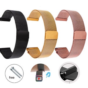 May include: Three watch straps in black, gold, and rose gold. The straps are made of a mesh material and have a magnetic clasp. The image also shows a close-up of the strap's attachment mechanism and a pair of free spring bars.