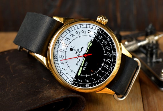 Vintage Raketa Sputnik Watch: 24 Hour Mechanical Watch, New Leather Strap