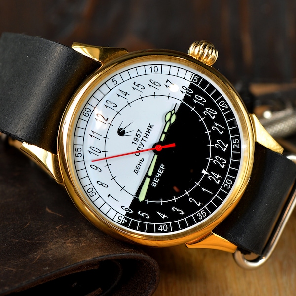 Vintage Raketa Sputnik Armbanduhr: Mechanische Uhr 24 Stunden, Neues Lederarmband