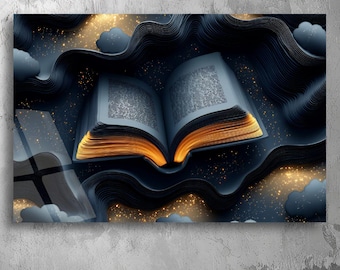 3D Illusion Open Book with Glowing Pages and Starry Night Sky - UV Printed Acrylic Wall Art on Plexiglas, Unique Home Décor