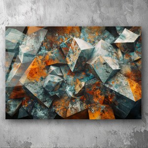Geometric Crystal Fragments in Rust and Blue Tones - UV Printed Acrylic Plexiglas Art, Modern Abstract Wall Décor