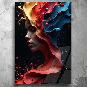 Abstract Woman with Vibrant Splash of Colors - 3D Effect UV Printed Acrylic Plexiglas Art, Unique Modern Wall Décor