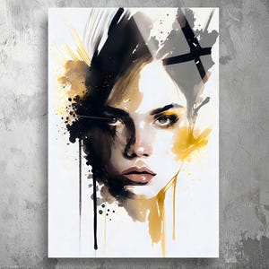 May include: Abstract watercolour painting of a woman's face with black and gold accents. The woman's eyes are looking directly at the viewer. The background is white.