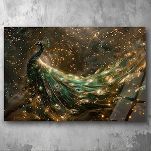 Majestic Peacock with Golden Feathers – UV Printed Acrylic Plexiglas Art, Elegant Sparkling Wall Decor, Luxury 3D Design