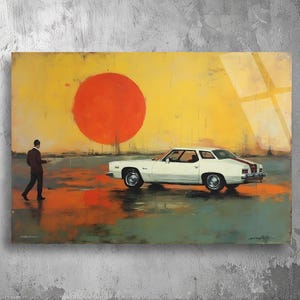 Retro Classic Car Art with Man & Red Sun | UV Print on Acrylic Plexiglas | 3D Wall Decor
