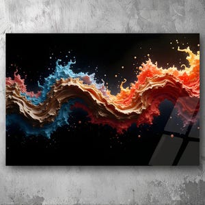 Vibrant Abstract Fluid Art on Acrylic Plexiglas - UV Printed Wall Art in Bold Red, Orange, and Blue Tones - Modern Home Decor
