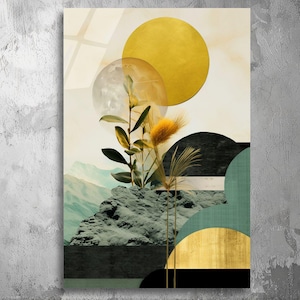 Golden Sun Botanical Collage - UV Printed Acrylic Plexiglas Art | Modern Nature-Inspired Wall Decor