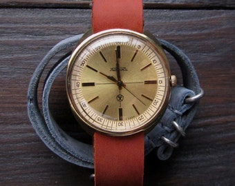 Vintage Raketa Watch: Gold Plated USSR Mens Wristwatch