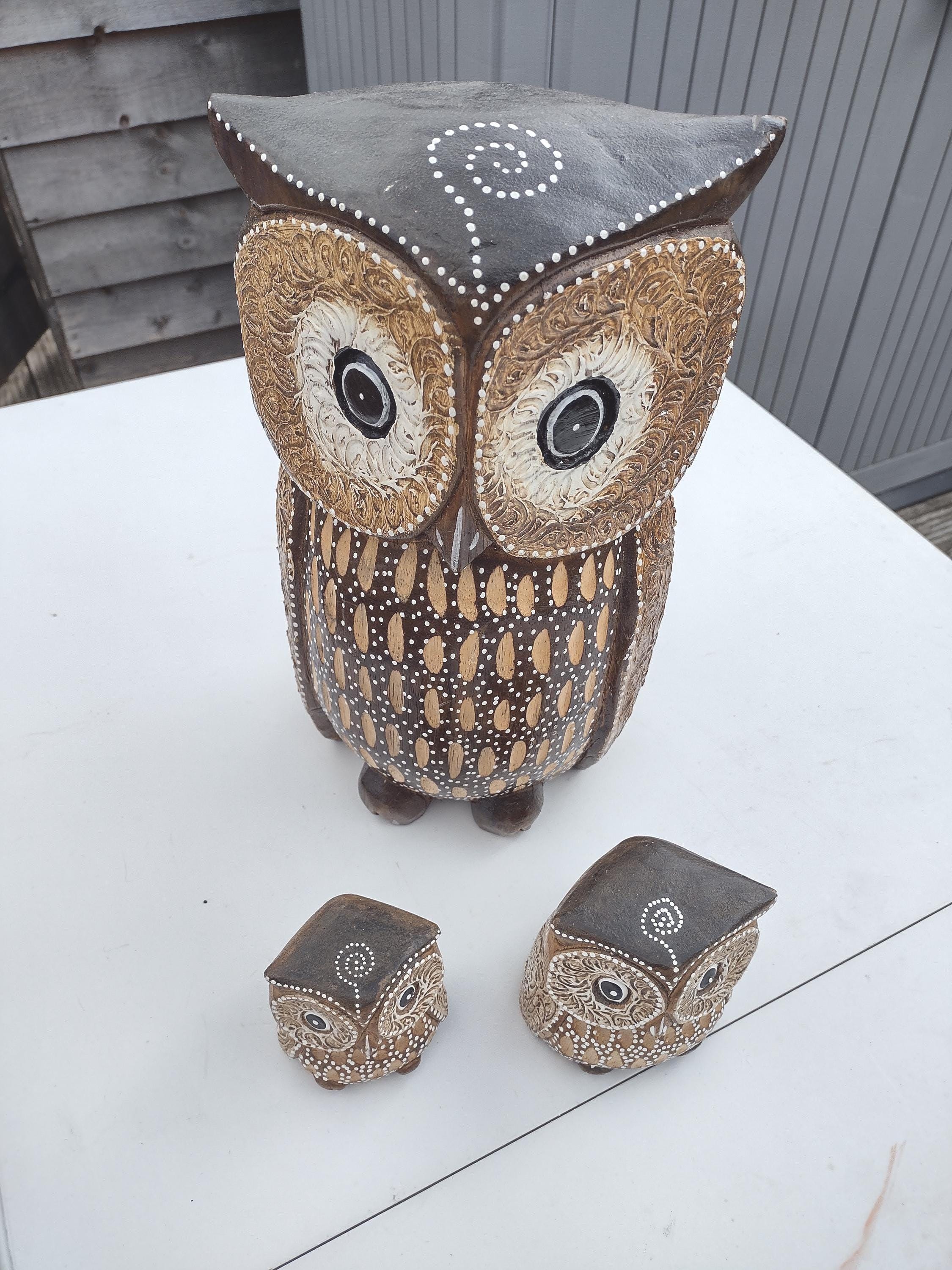 Vintage Carved Wooden Owl Set: 1940s-50s Home Decor