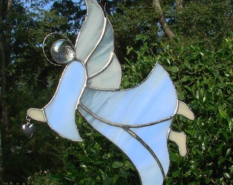 Sky Blue Angel with a Heart Charm Large Handmade Stained Glass Sun Catcher