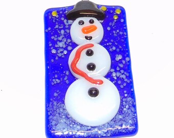Snowman at Night Handmade Fused Glass Winter Sun Catcher Christmas Ornament