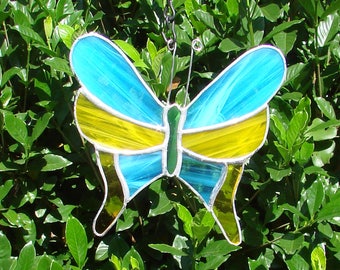 Handmade Stained Glass Butterfly Large Blue and Yellow Garden Ornament Sun Catcher Panel