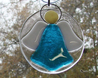 Turquoise Blue Angel Handmade Fused Glass Sun Catcher Christmas Ornament