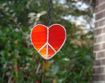 Red Heart Shaped Peace Sign Handmade Stained Glass Window Hanger or  Ornament