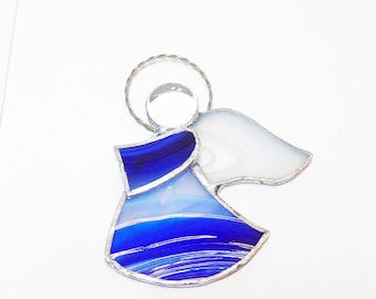 Blue and White Angel Handmade Stained Glass window Hanger or Christmas Ornament