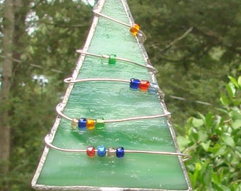 Handmade Wire and Bead Wrapped Stained Glass Christmas Tree Ornament