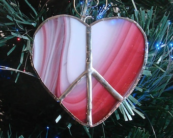 Pink and White Heart Shaped Peace Sign Handmade Stained Glass Sun Catcher Ornament