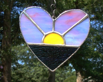 Sunset Over Water Heart Shaped Handmade Stained Glass Sun Catcher