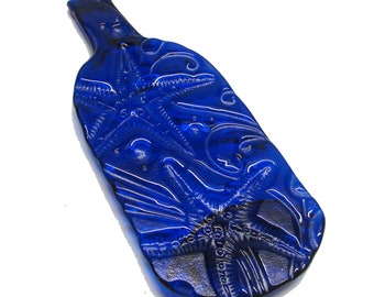 Starfish Design Cobalt Blue Wine Bottle UpCycled as Cheese Sushi Platter Serving Tray