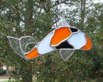 Handmade Koi Stained Glass Sun Catcher Orange, Black & White Goldfish