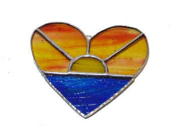 Sunrise Over Water Heart Shaped Handmade Stained Glass Sun Catcher Ornament - Limited Edition