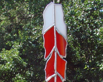 Red and White Feather Handmade Stained Glass Sun Catcher or Ornament