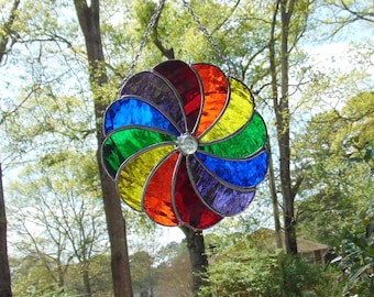 Rainbow Pinwheel  Color Wheel Stained Glass Suncatcher Water Glass