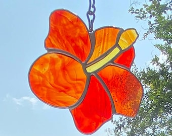 Red Orange Fire Hibiscus Flower Bloom Large Handmade Stained Glass Sun Catcher