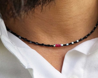 Hematite necklace. Mens gemstones necklace. Hematite and Ruby necklace for man. Beaded necklace for man. Thin necklace for man Gifts for him