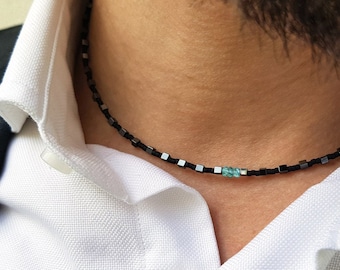 Hematite necklace. Men gemstones necklace. Hematite and Emerald necklace. Beaded necklace for man. Thin necklace for man Gifts for him