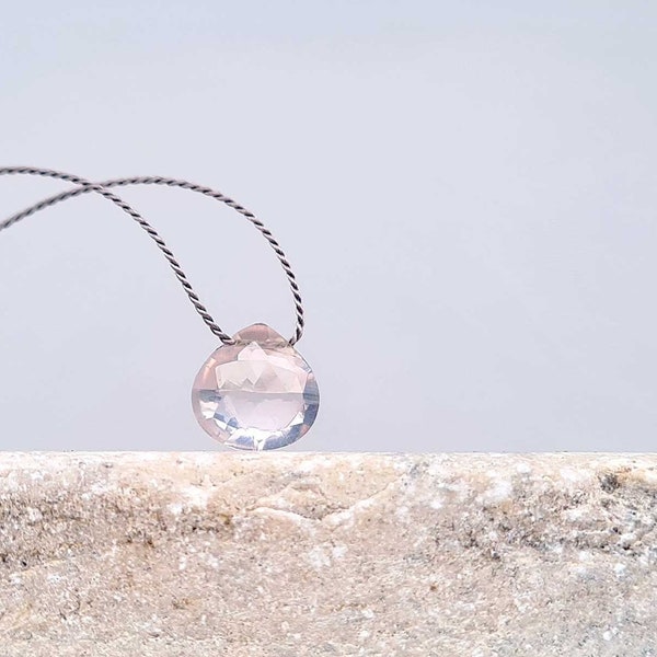 Rose Quartz Necklace. Minimal necklace with silk and rose quartz heart briolette. Rose quartz pendant. Rose quartz briolette. Gifts for her