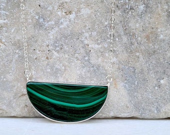 Malachite necklace. Malachite half moon shape pendant. Crescent moon necklace. Gifts for her. Anniversary gifts. Boho necklace