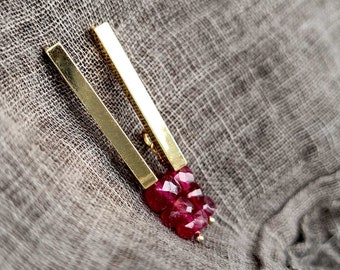 Small gold stick earrings with red Ruby stones. Gold bar stud earrings. Red Ruby earrings. Handcrafted earrings. Gifts for her.