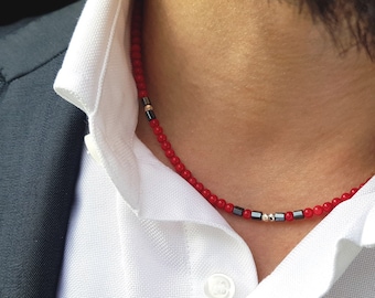 Collar de coral rojo para hombre. Collar rojo de hombre. Collar fino coral bambú hematites y plata. Regalos para él. Regalos de aniversario