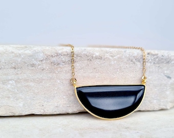 Black Onyx necklace. Gold necklace with Black Onyx stone half moon shape pendant. Gift for her Anniversary gifts. Crescent moon necklace