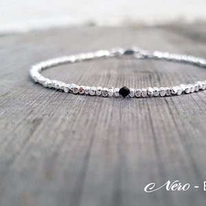 Thin mens silver bracelet. Unisex bracelet with pure silver nuggets and black Swarovski crystal. Tennis bracelet. Gifts for him