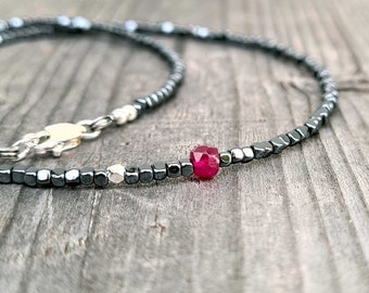 Hematite necklace. Thin necklace Hematite and Ruby stones and solid silver nuggets. Unisex necklace. Handrcrafted stones necklace