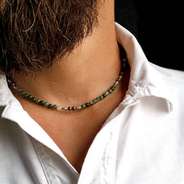 Collier pour homme en Agate musquée. Collier en Agate, Pyrite et argent. Bijoux pour hommes. Collier vert. Idée cadeau pour homme