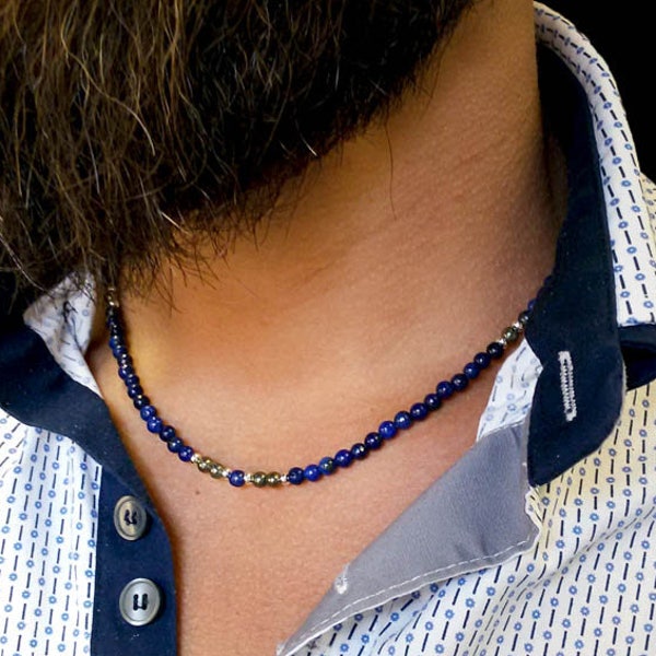 Collier pour homme en lapis-lazuli. Collier en lapis-lazuli, pyrite et argent. Bijoux pour hommes bleu. Cadeaux pour homme.