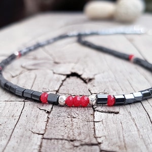 Raw ruby necklace for man. Mens Hematite necklace. Gemstones necklace. Hematite and Ruby necklace for man. Thin man necklace. Gifts for him