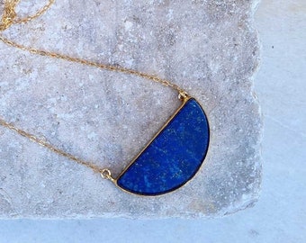 Lapis Lazuli necklace. Gold necklace with Lapis Lazuli stone half moon shape pendant. Gift for her Anniversary gifts. Crescent moon necklace