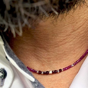Ruby and Garnet Necklace. Handmade necklace with raw Ruby stones, Garnet and Silver nuggets. Men's necklace with precious stones.