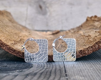 Sterling silver geometric hoop earrings with snake pattern. Snake skin style woman earrings. Gifts for her. Geometric earrings.