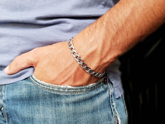 Bracciale Uomo In Acciaio. Bracciale Grande In Acciaio Unisex. Bracciale A Catena In Acciaio. Catena Groumette In Acciaio. Regali Per Lui - Italia - Foto 2