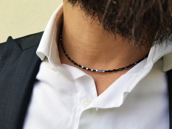 Hematite Color|men's Hematite Beaded Necklace - Black Lava Stone Twisted  Chain